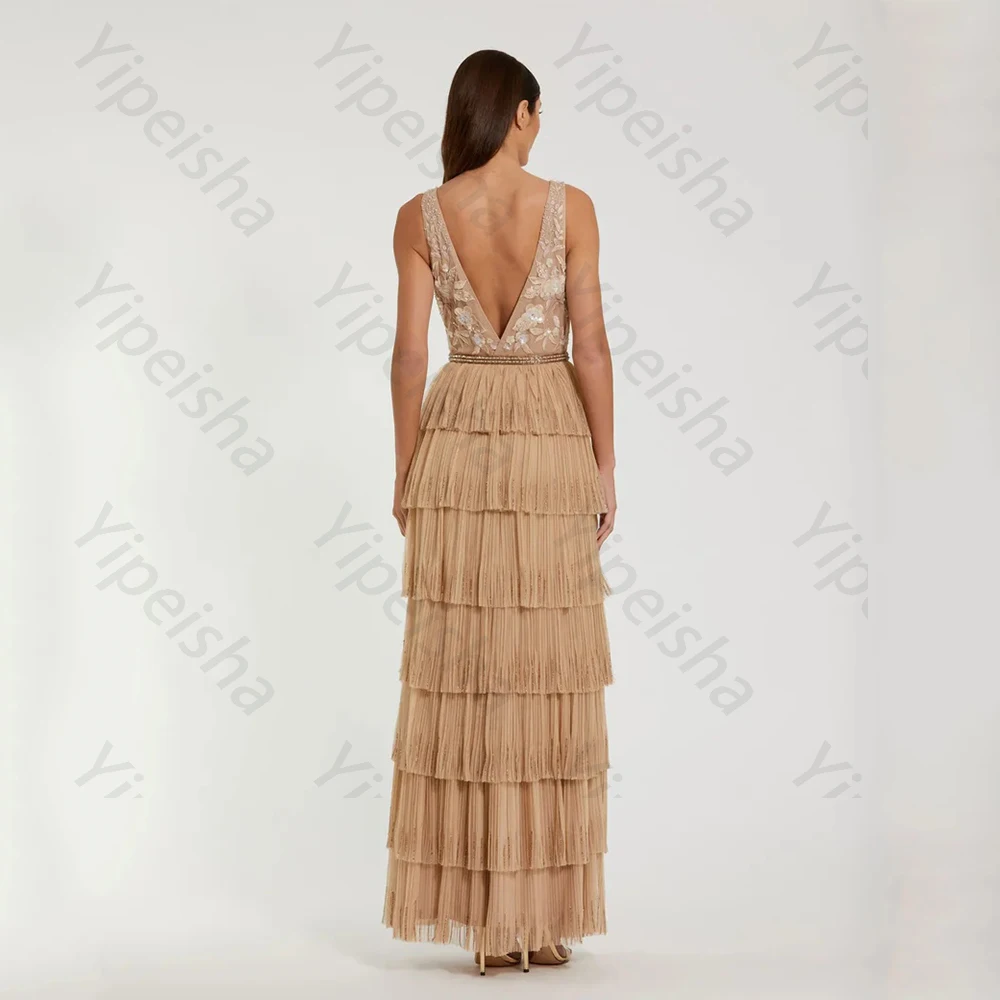 High Quality Champagne Elegant Evening Dresses Tulle for Floor-Length V-Neck Sleeveless Prom Dress Appliques Tiered Customized