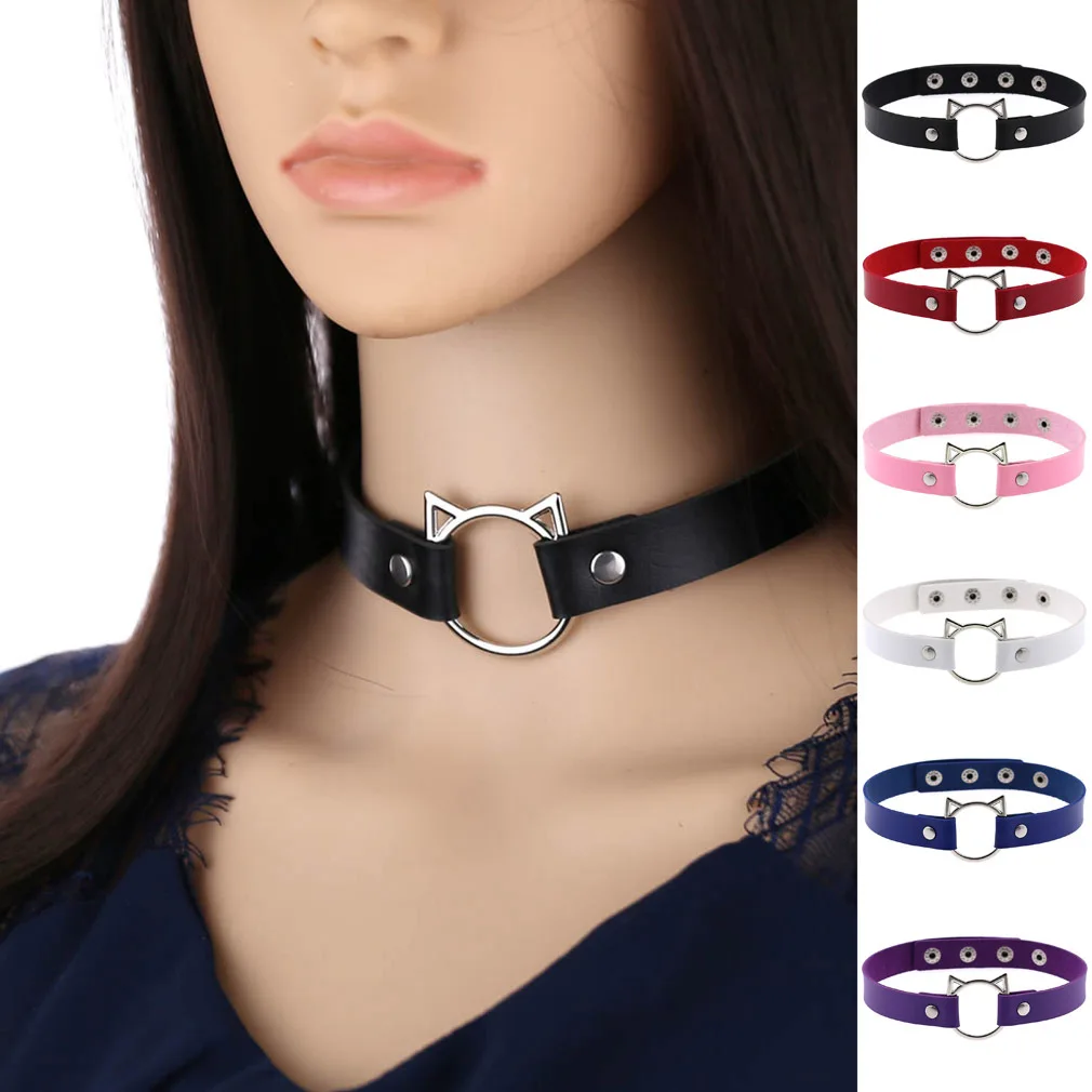 HarajukuPunkGothic Simple Fashion Hip hop Soft girl Online celebrity Street photo PU leather Cat Leather Choker Collarbone chain