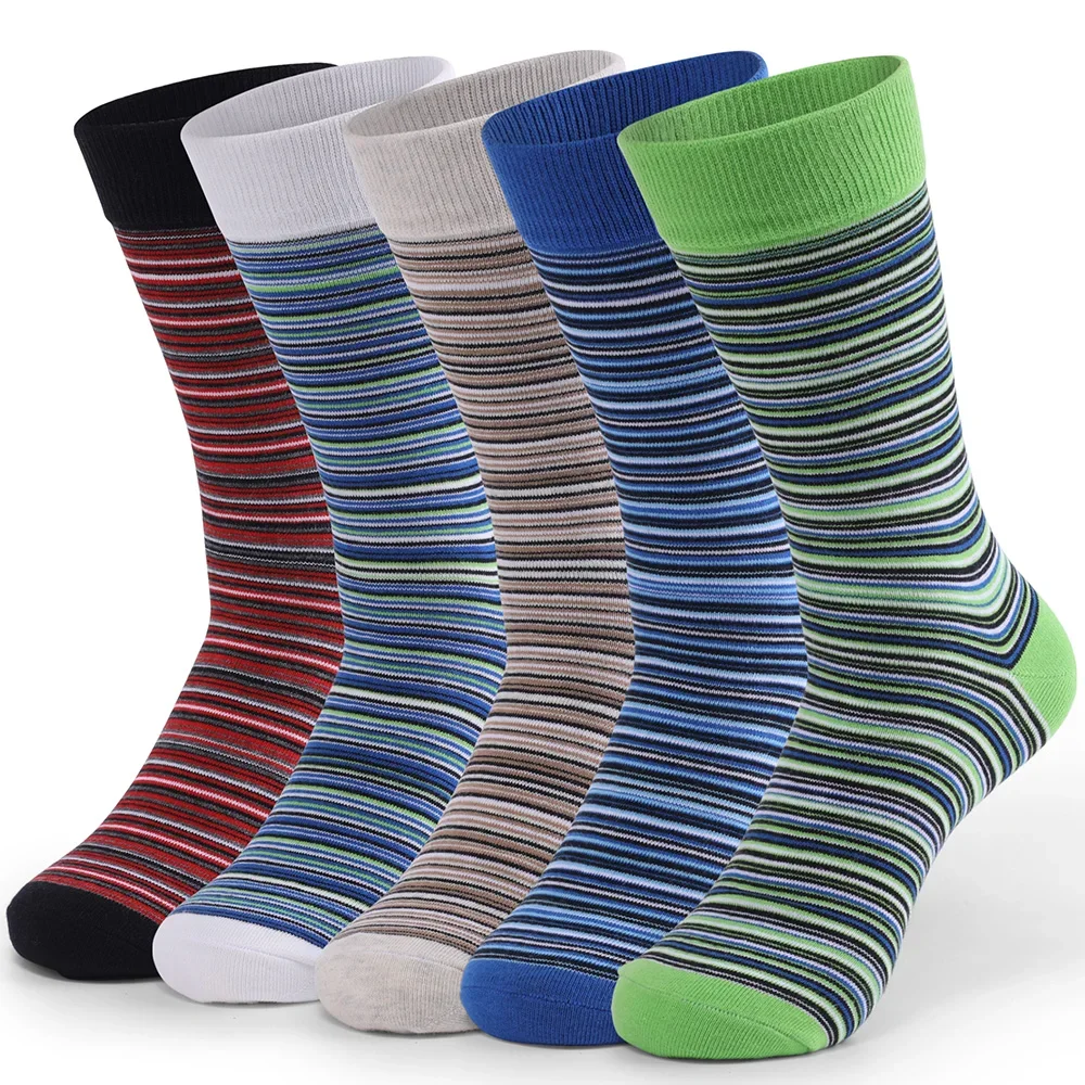 5 Pairs Mens Fun Dress Socks Pattern Funny Pack Colorful Striped Combed Cotton Novelty Plus Size Males Dress Socks