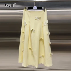 VGH Solid Patchwork Appliques Elegant Long Skirts For Women High Waist Spliced Zipper Temperament A Line Skirt Female Fashion