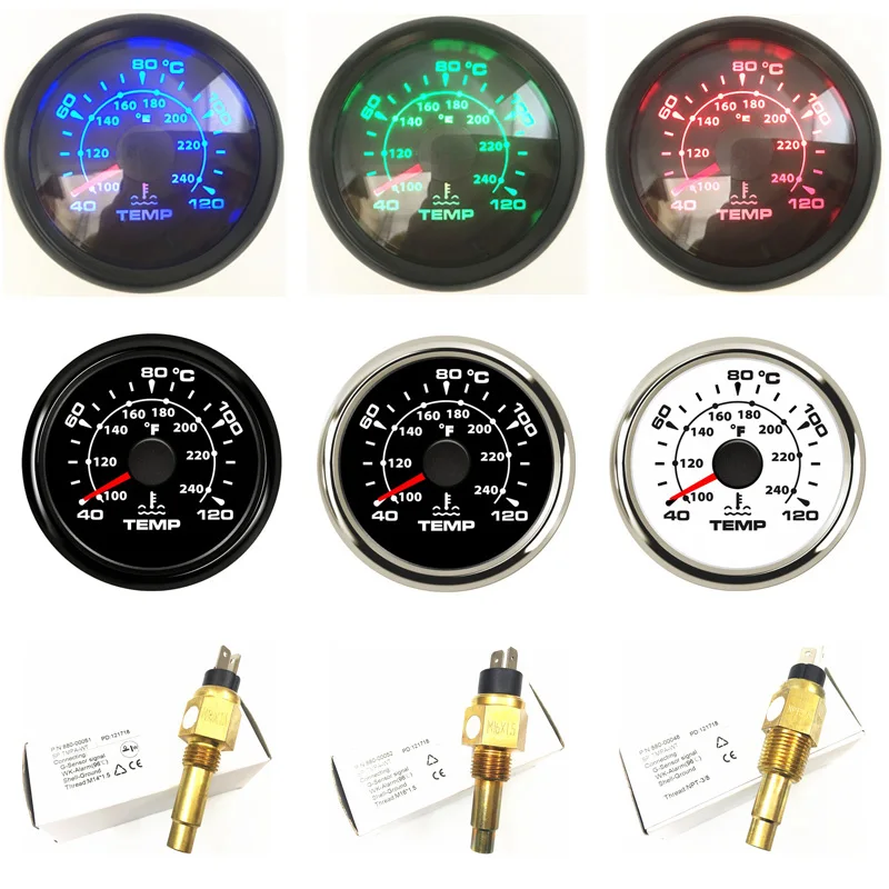 Auto Water Temp Gauges 52mm Digital Water Temp Meters 8 Kinds Backlight Color M14x1.5 M16x1.5 NPT3/8 Sending Unit for Boat Yacht