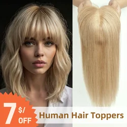 Adornos de cabello humano Rubio 100% Remy, postizos con Clip y flequillo, extensiones de cabello liso para mujeres, uso diario