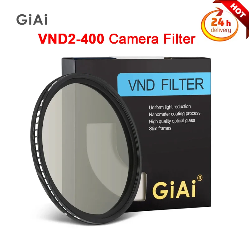 

GiAi VND2-400 Variable 1-9 stops ND Filter Multi-layer Nano Coating Adjustable Neutral Density Camera Len 49 52 58 67 77 82 86mm