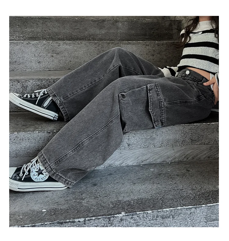 Retro Graue Cowgirl Cargo Jeans mit Taschen für Kinder, Lässige Denim-Hosen für Schule und Freizeit, Gerade Jeans für junge Mädchen – Detail 6