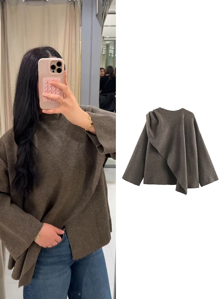 

TFMLN Women Scarf Collar Knit Top Fashion Elegant Solid Shawl Long Sleeve Winter Warm Lady Ponchos Cloak Knitted Cardigan