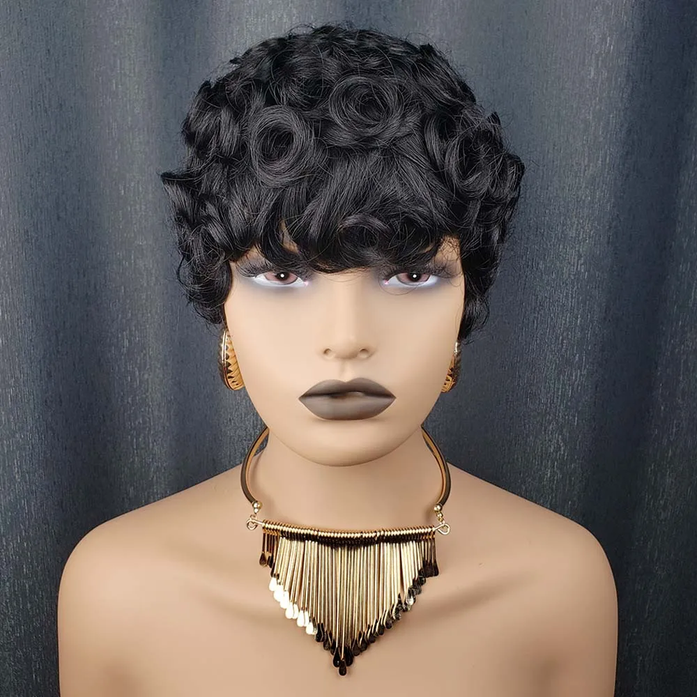 짧은 픽시컷 가발 인모 픽시컷 가발 내추럴 블랙 컬러 곱슬머리 풀머신메이드 가발 (흑인 여성용)
