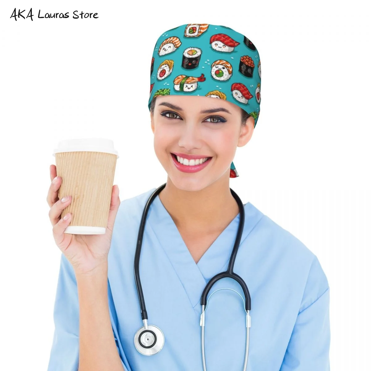 Pet Shop Cartoon Rolls Sushi Food Unisex Nursing Scrub Caps  Breathable Veterinary Nursing Accessories Anaesthesia Scrub Cap