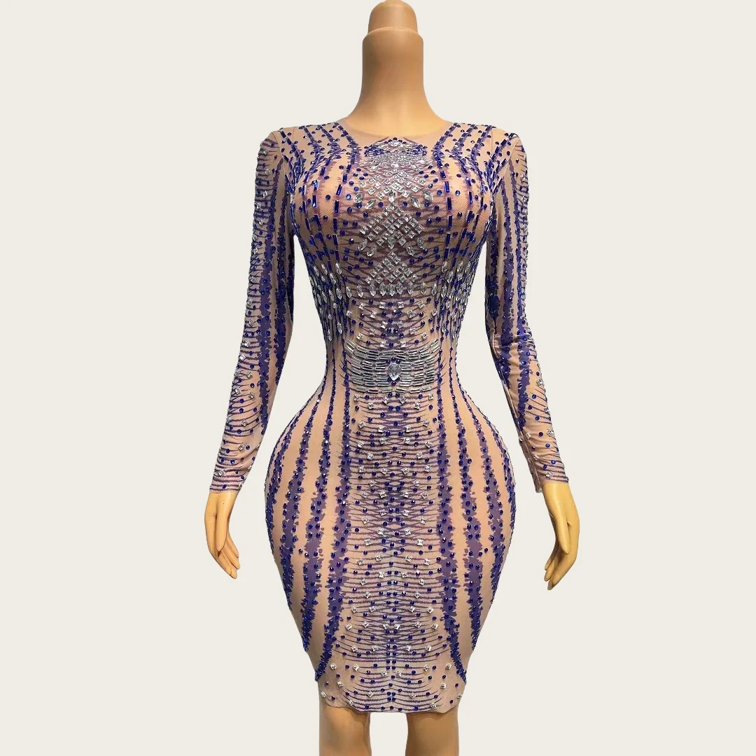 

Blue White Sparkly Rhinestone Sheer Mesh Mini Dress Sexy Women Long Sleeved Couture Birthday Celebrate Party Prom Outfit Huanlan