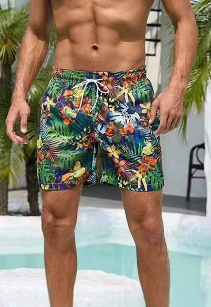 2026 Summer New Men Tropical Floral Leaf Print Swim Shorts Drawstring Elastic Waist Quick Dry Beach Casual Board Shorts kids