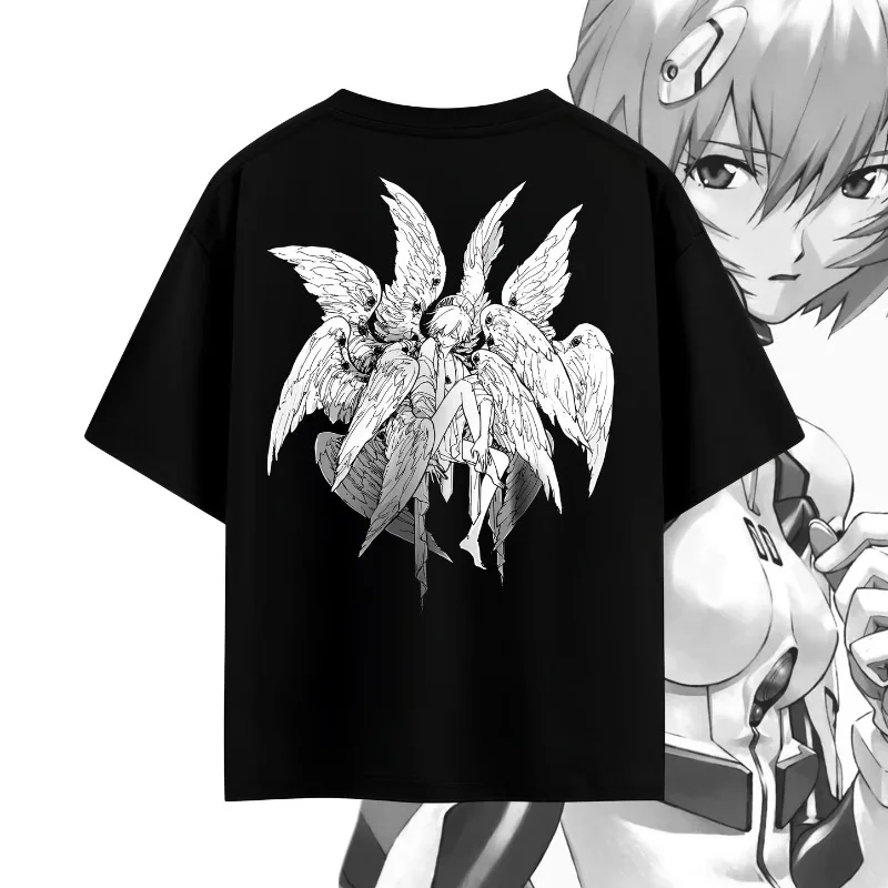 Neon Genesis Evangelion Angel Double Sided Print T-shirt, Black Oversized Anime Tee, Manga Line Art Graphic Short Sleeve