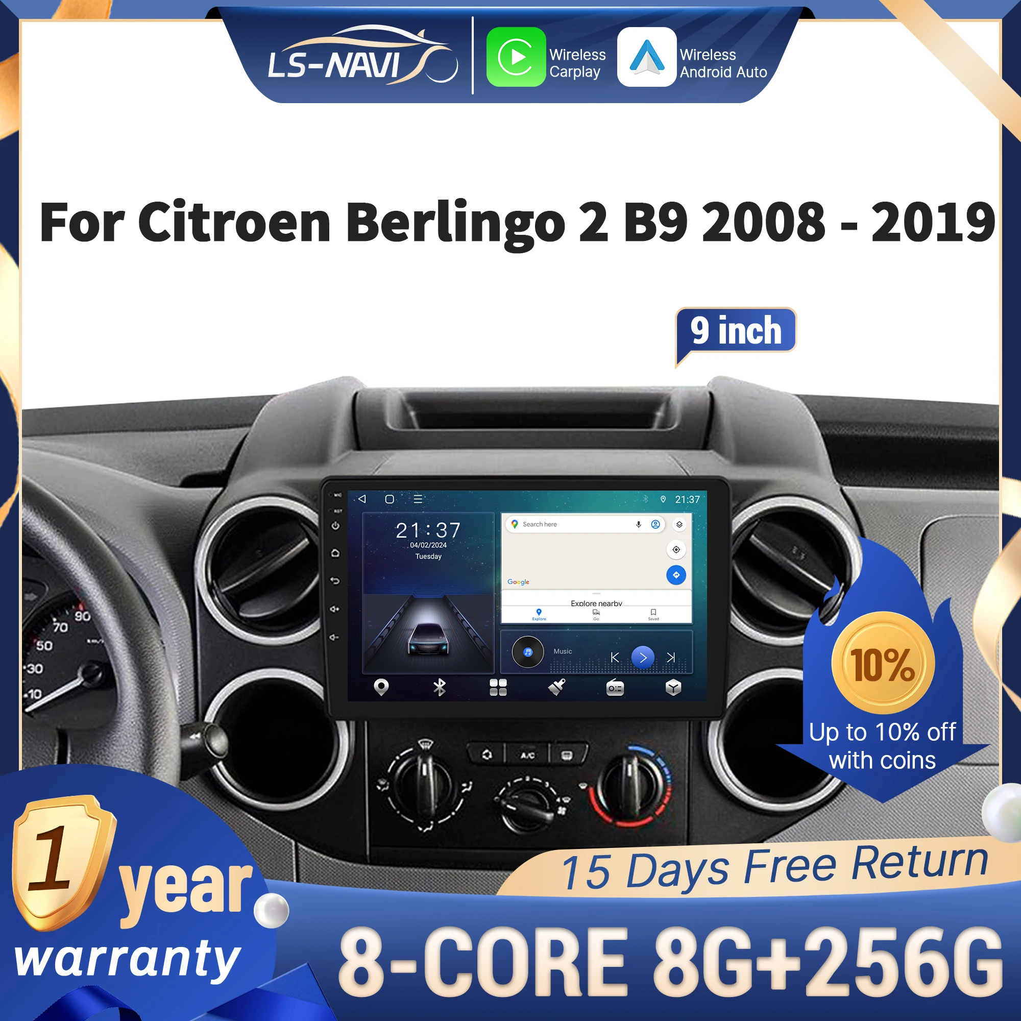 

Автомобильное радио Carplay для Citroen Berlingo 2 B9 2008-2019, мультимедийная навигация, GPS, 4G, беспроводной сенсорный головной блок, стерео экран