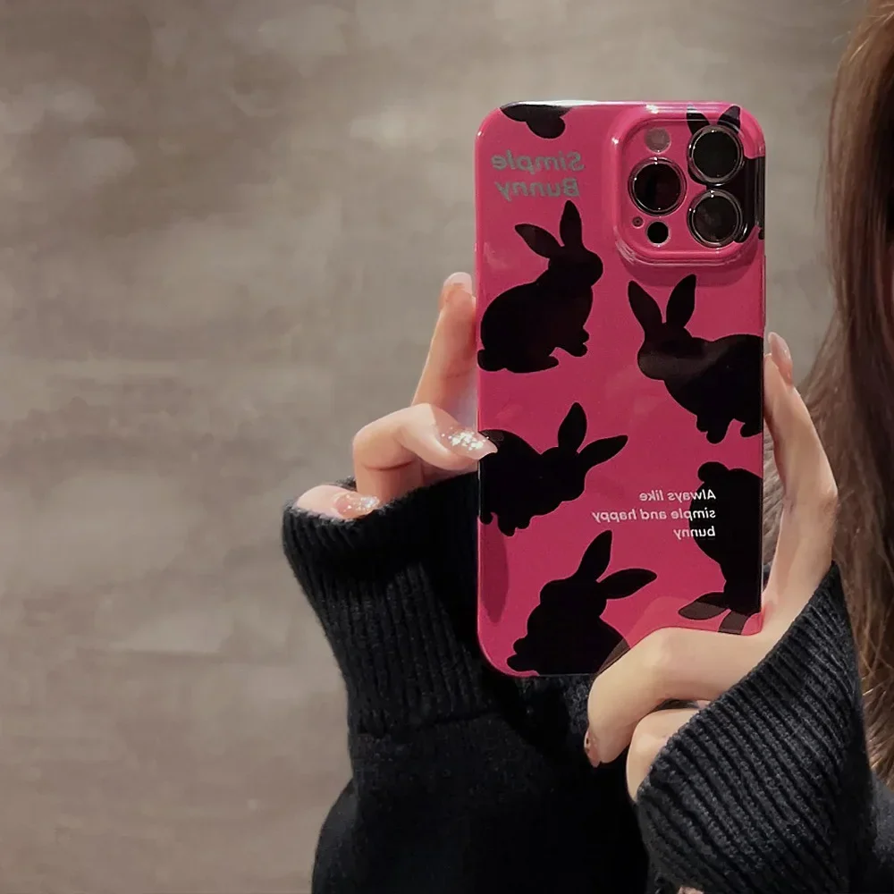 Kawaii Retro rose red Black rabbit Glossy Cartoon Phone Case For iPhone 16 15 14 13 12 11 Pro Max Xr 14 16 Plus Case Cute Cover