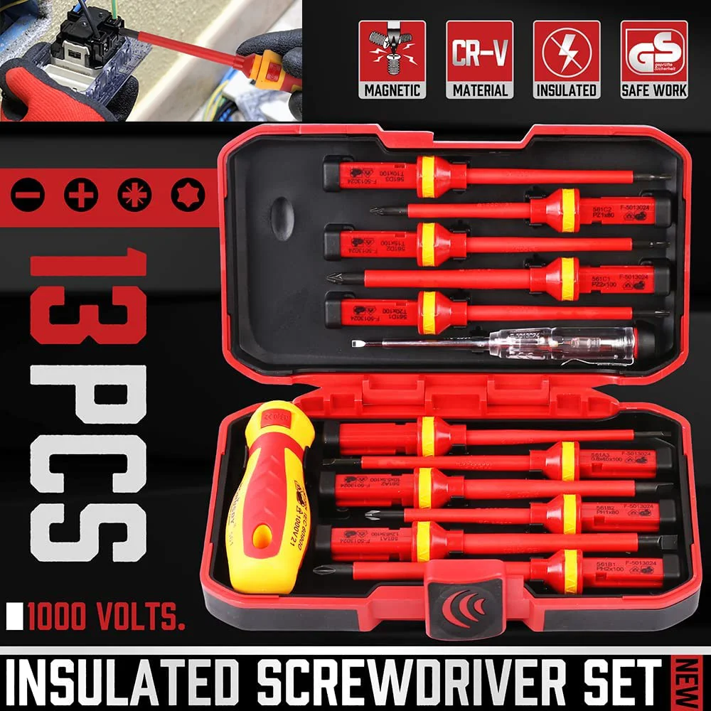 

13Pcs Electrician Repair Tools Kit 1000V Changeable Insulated Screwdrivers Set Magnetic Slotted Phillips Pozidriv Torx Bits