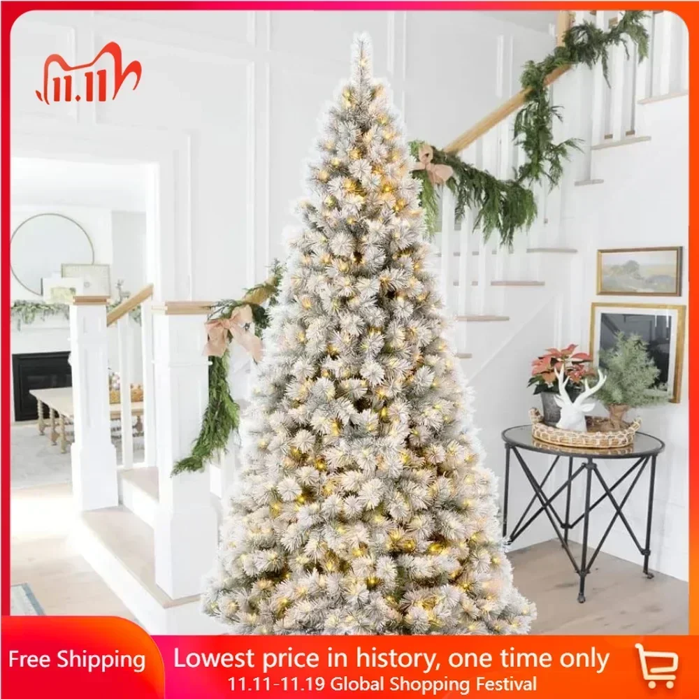 9ft Snow Flocked Spruce Christmas Tree,Tree with 900 Warm White Lights Holiday Decoration,Artificial Spruce Christmas