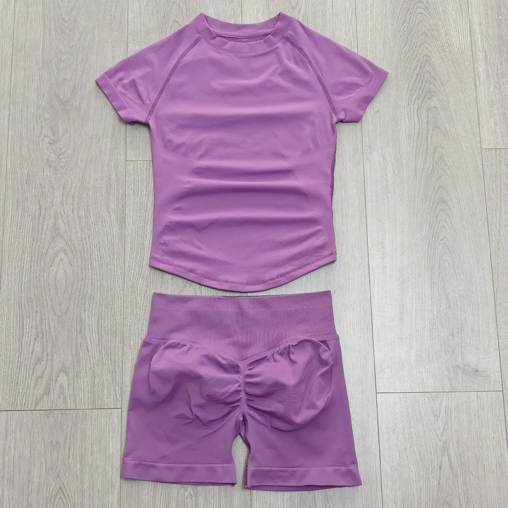 2-delige Impact Sports-set voor dames, naadloze yoga-top met korte mouwen en hardloopsportshorts, fitness-gym-workout-outfit