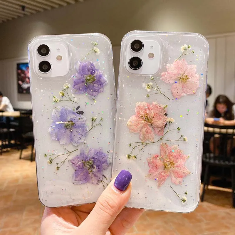 Luxury Real Dried Flower Glitter Bling Transparent Epoxy Phone Case for IPhone 16 15 14 13 12 Pro Max Soft Silicone Clear Cover