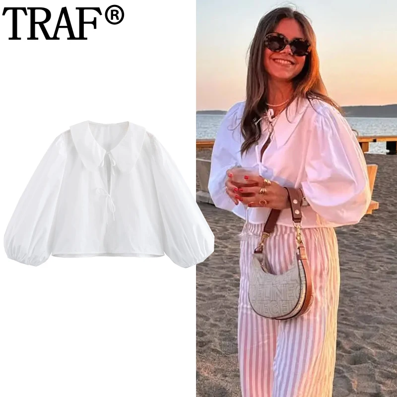 TRAF White Crop Top Women Bowknot Cut Out Summer Blouses Woman Puff Sleeve Elegant Blouses Pleated Streetwear Cropped Blouse