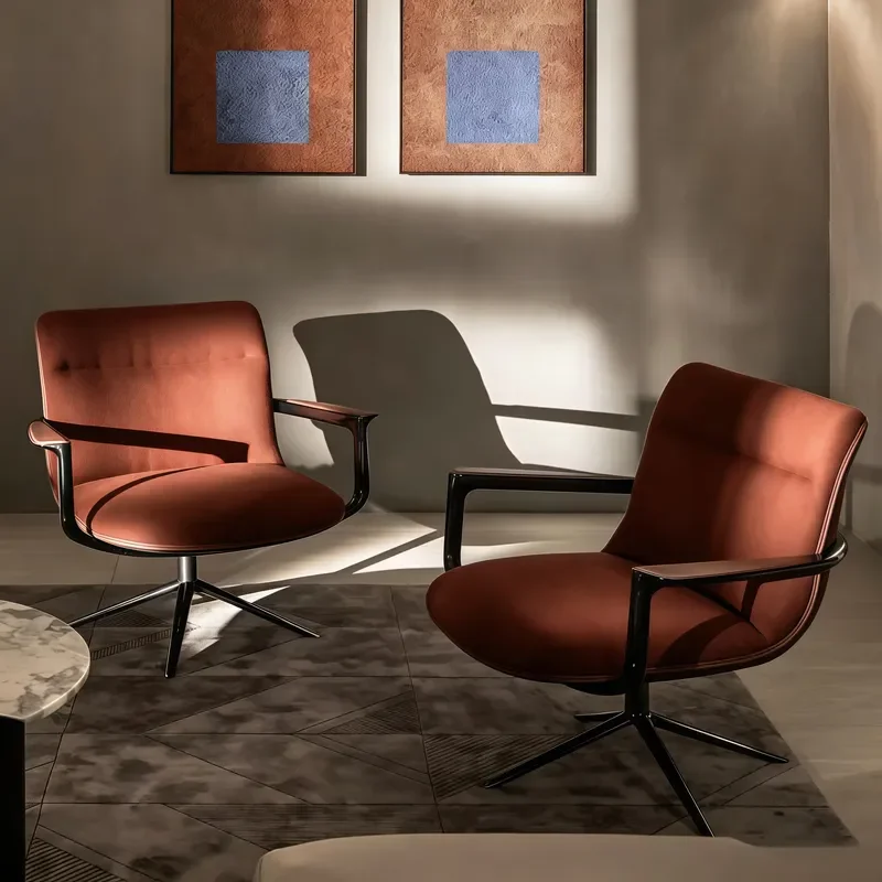 Italian Luxury Handcrafted Leather Armchair Modern Swivel Upholstered Lounge Chair for Home Office Villa High Quality