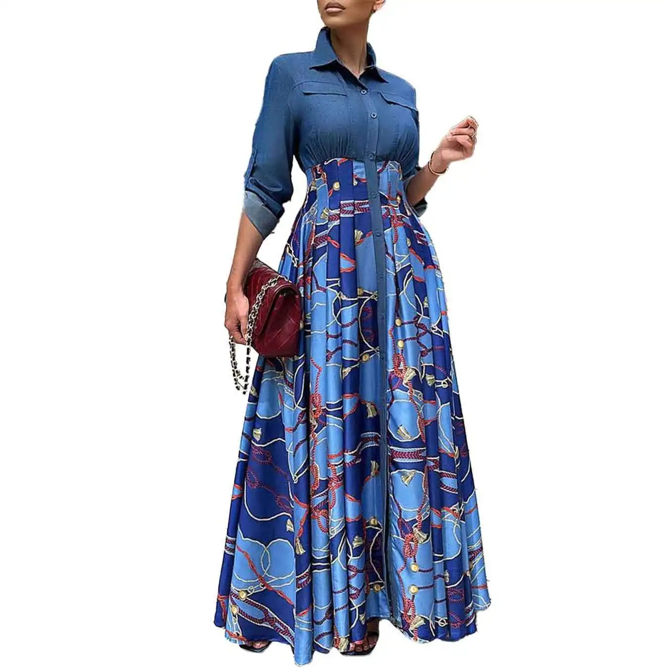 Herbst gedruckt Button-Down-Shirt Maxi kleid Frauen Denim Patchwork Langarm geraffte Party Abend Arbeit lange Kleider