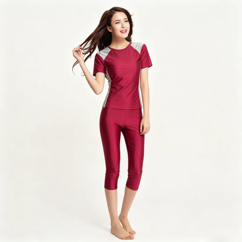 Color Block Short Sleeve Burkini Capri Trousers Quick Dry UV Protection Muslim Modest Full Coverage Beach Pool Swim Bathing Suit