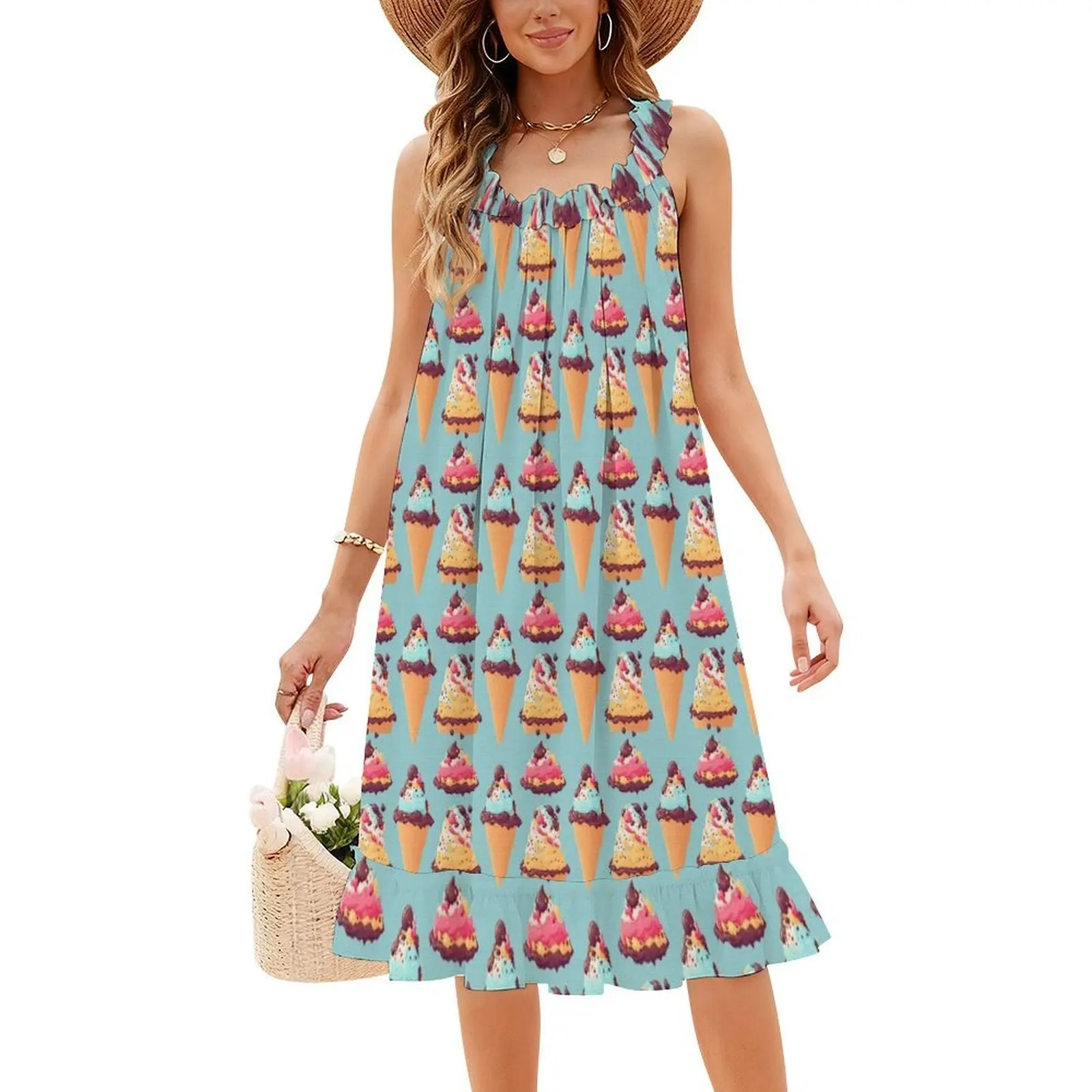 مخاريط الآيس كريم على خلفية زرقاء فاتحة فستان بوهيمي عتيق بأكمام منتفخة أو خيارات بلا أكمام لفستان الآيس كريم #4