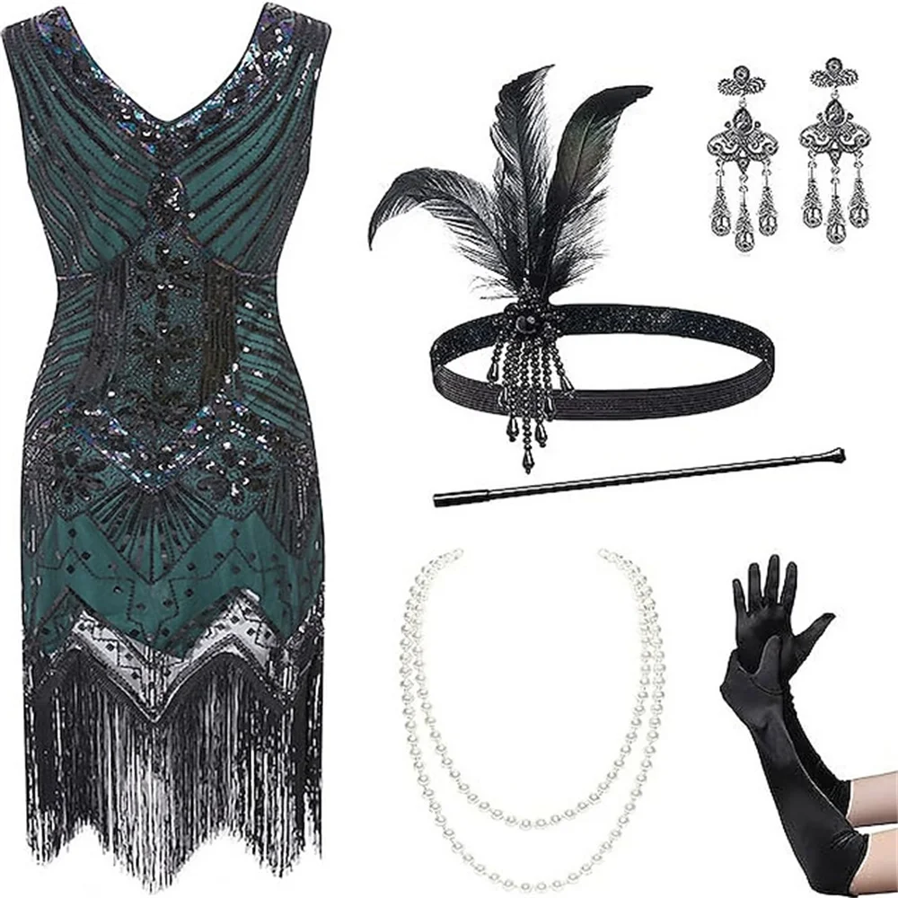 

Retro 20s 1920s Flapper Dress Outfits Flapper Headband The Great Gatsby Women's Sequins Tassel Fringe Evening Dress