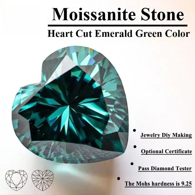 Moissanit-Stein, Herzschliff, Smaragdfarbe, mit Zertifikat, ideal für die Herstellung von Schmuck, Härtegrad 9,25. – Detail 5