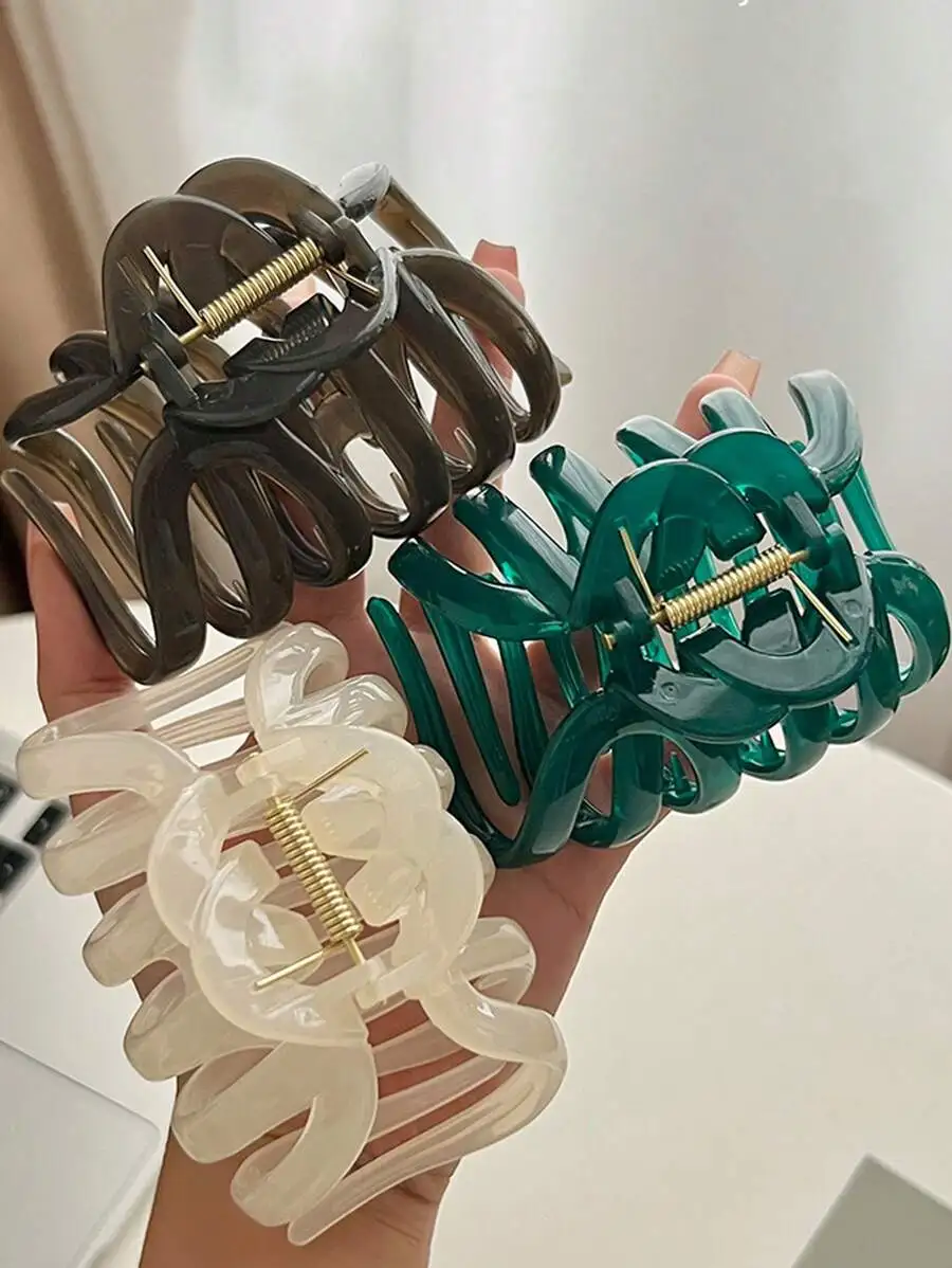 3pcs Women's Large Size Jelly Color Lightweight Plastic Hair Claw Clip, Simple-Design & Fashionable, Suitable For Daily Wear