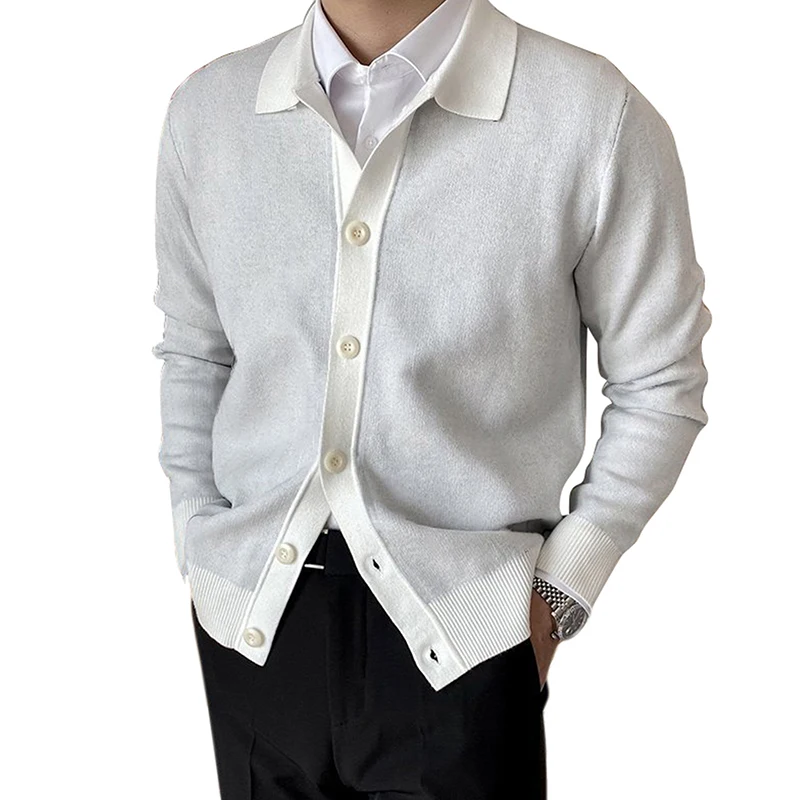 Men s Autumn Winter Knitwear Coat Long Sleeve Lapel Button Up Solid Color Cardigan Sweater