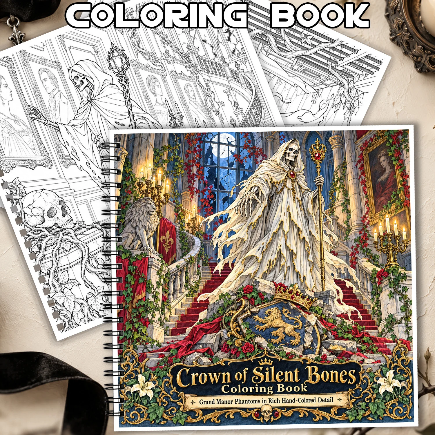 24 Pages Coloring Book Featuring Gothic Manor Phantom For Adults Teens Showcasing Creativity Relieving Stress Relaxing Body Mind