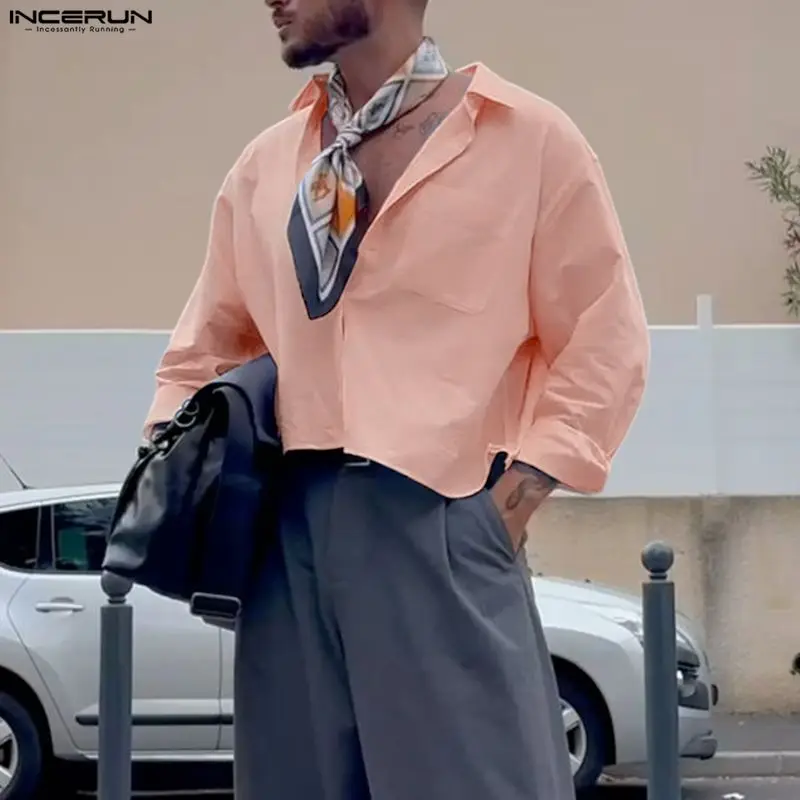 INCERUN Herrenhemd Einfarbig mit Revers Langarm Knopfleiste Lässige Herrenkleidung Streetwear Locker 2026 Mode Crop Tops Herrenhemden
