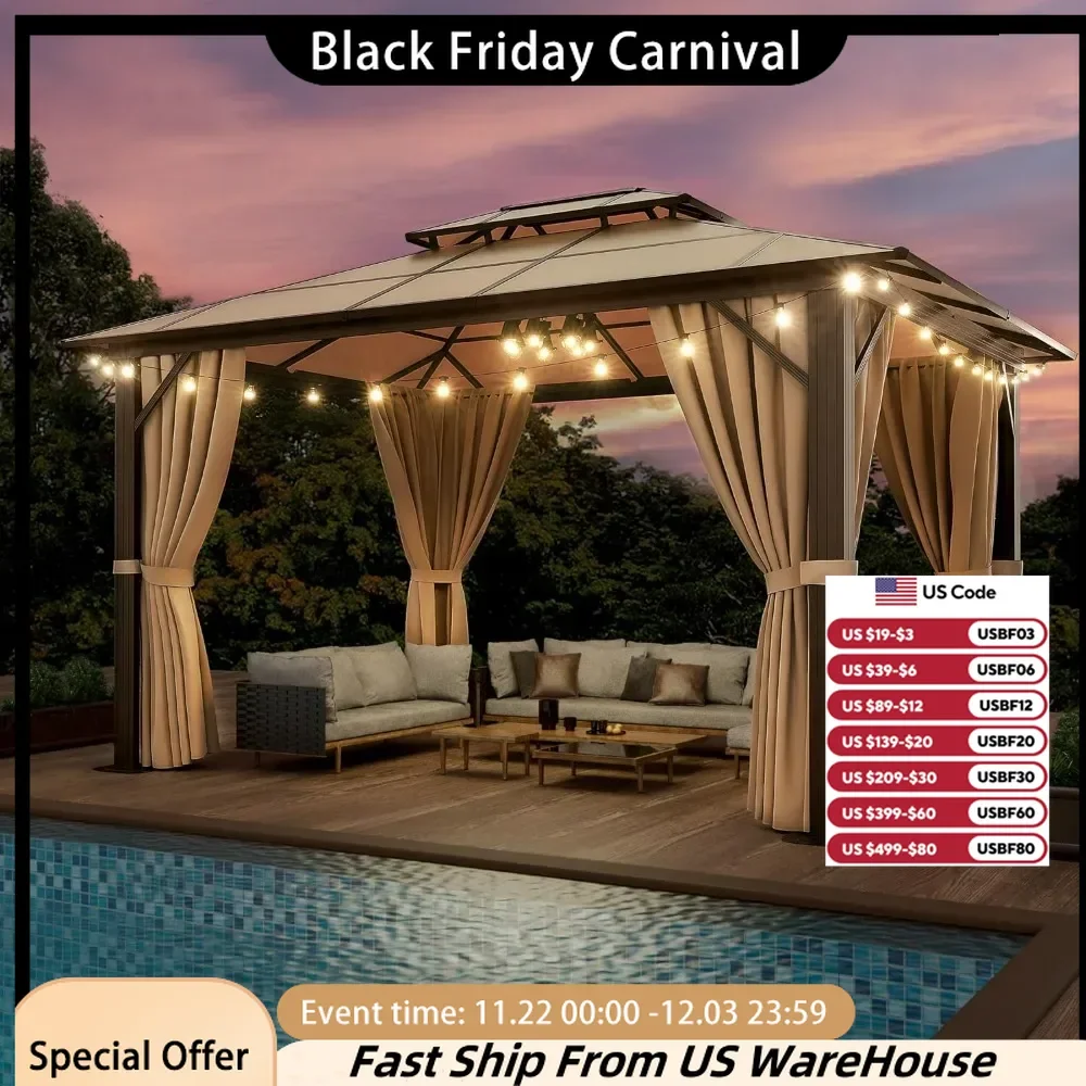 10'x12' Hardtop Gazebo, Double Roof Gazebo, Aluminum Frame Permanent Pavilion with Netting and Curtains, Polycarbonate Gazebo