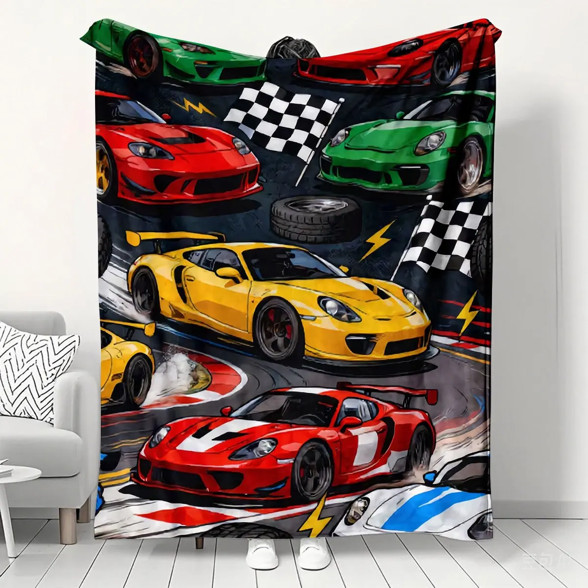 Cool Race Car Tire Lightning Full Pattern Soft Flannel Blanket Lightweight Decorative Blanket For Bed Living Room Travel Rest
