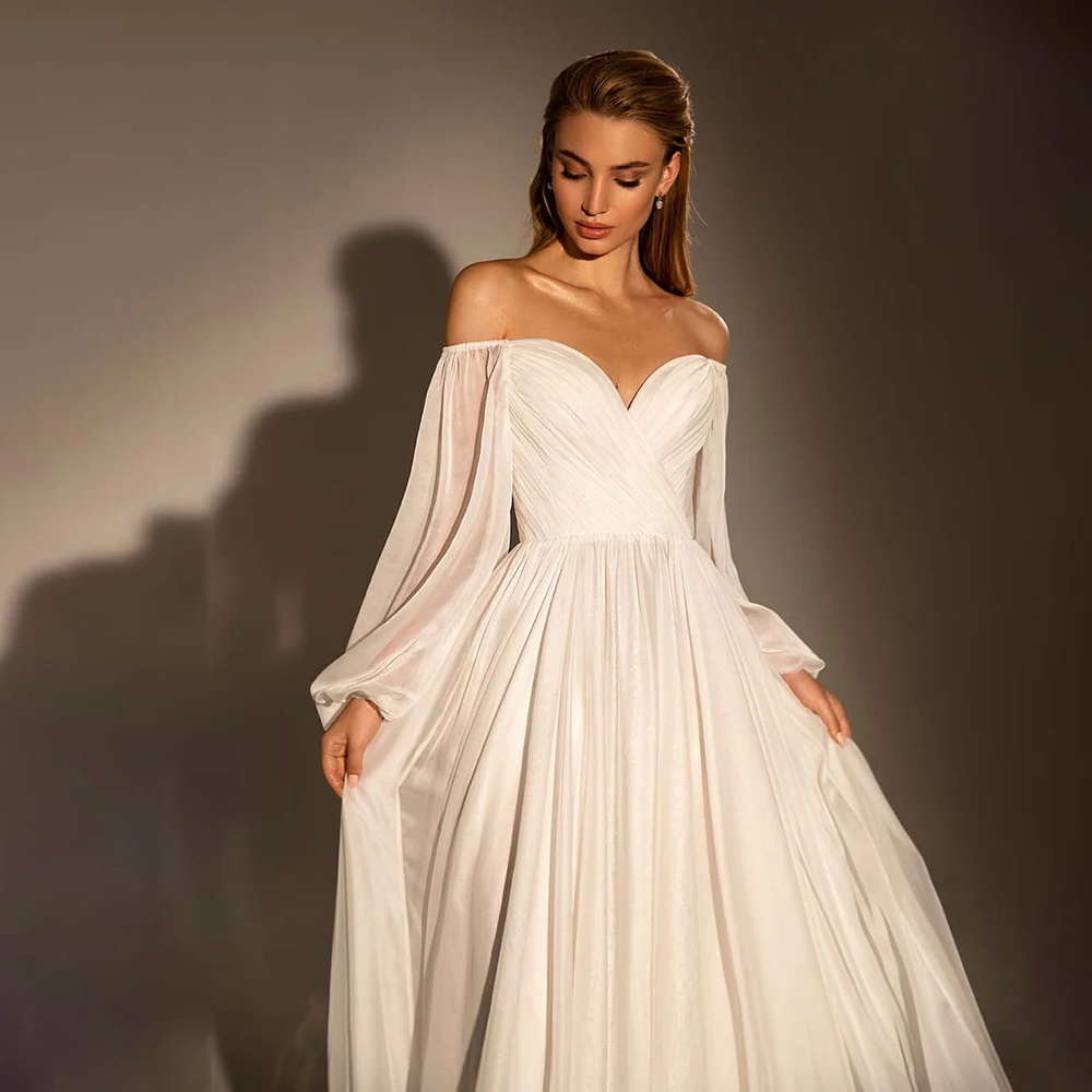 Customized 2025 Off Shoulder Crisscross Ruched Chiffon Wedding Dress Simple Long Puff Sleeves Bridal Gowns Vestidos De Noiva