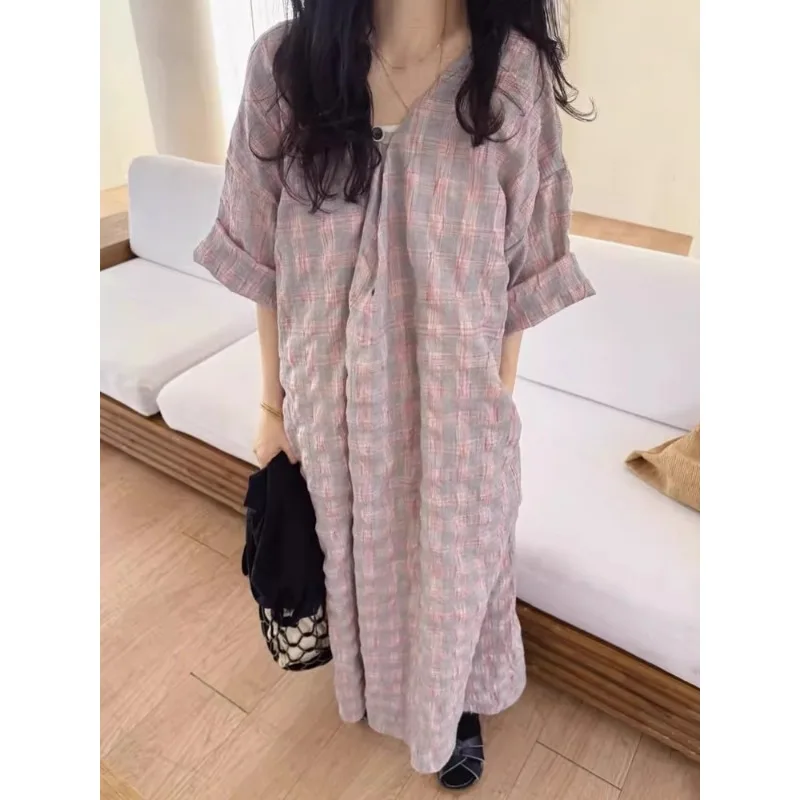 SuperAen Summer New Korean Style Loose Long Dress for Women Fashion Folds Contrasting Color Plaid Design Pullover A-line Dresses