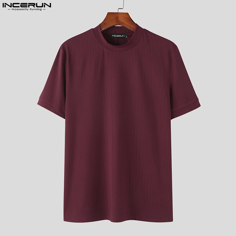 Bella vendita calda top INCERUN uomo Solid Pit Stripe maglieria Camiseta elegante maschio solido elastico manica corta t-shirt S-5XL 2024