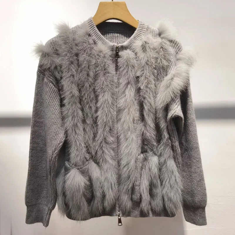 2024 New Real fur,Women Autumn Casual Knitted Cardigan Coat With Real Fox Fur Stripe Long Sleeve O-neck Fashion Jacket Outwear W