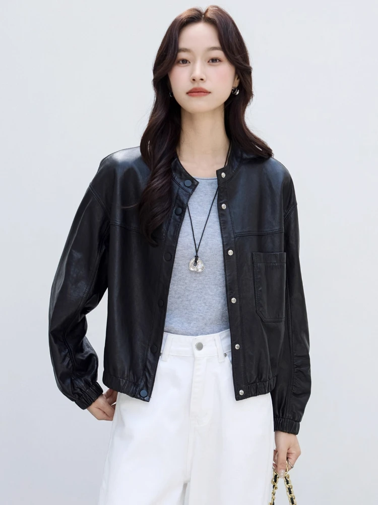 Oネックカジュアル本革ジャケット レディース 春秋 2025 高級 シンプル ソフトオイルワックス ブラック ショート 本革シープスキンコート