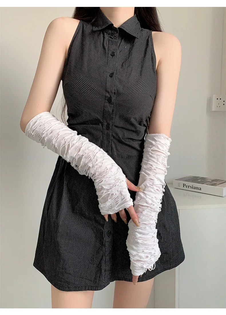 Moon Girl 2026 Ripped Y2K Grunge Sun Protection Arm Sleeves Women Street Culture Long Fingerless Knit Arm Warmers