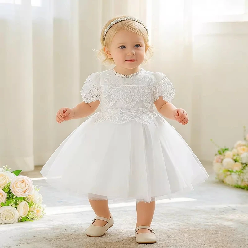 

Кружевное платье с короткими рукавами для девочки на первый день рождения, белое платье принцессы, детское праздничное платье для торжественных мероприятий, наряд для празднования