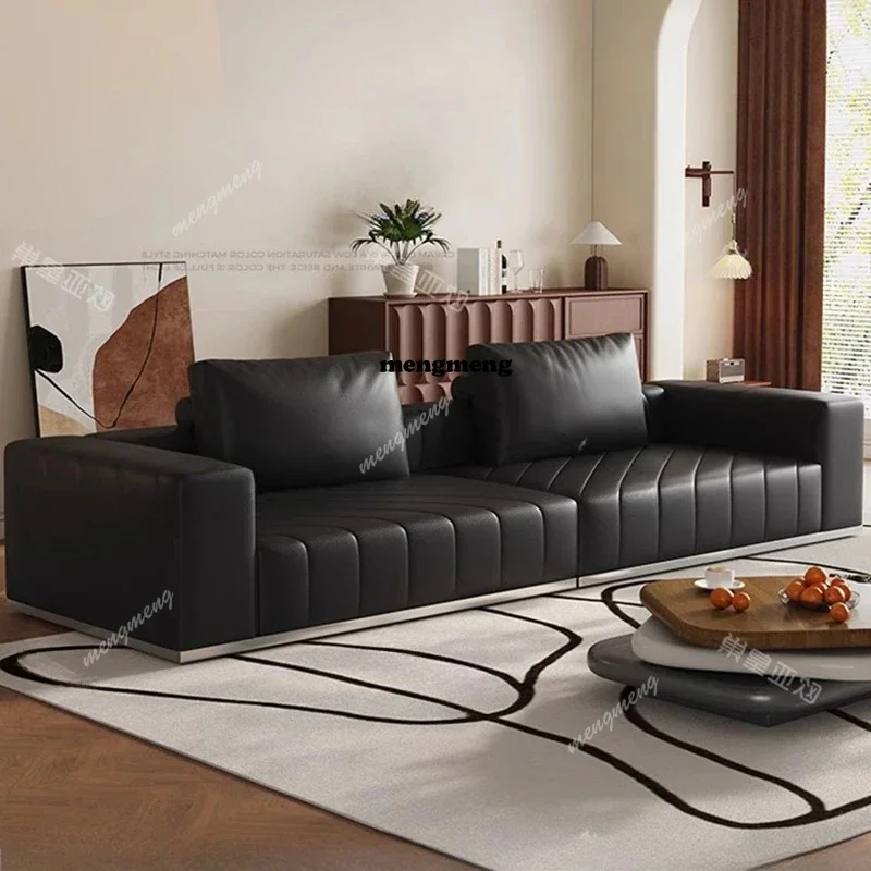 

High quality Italian minimalist leather sofa living room villa large flat black piano key sofa
