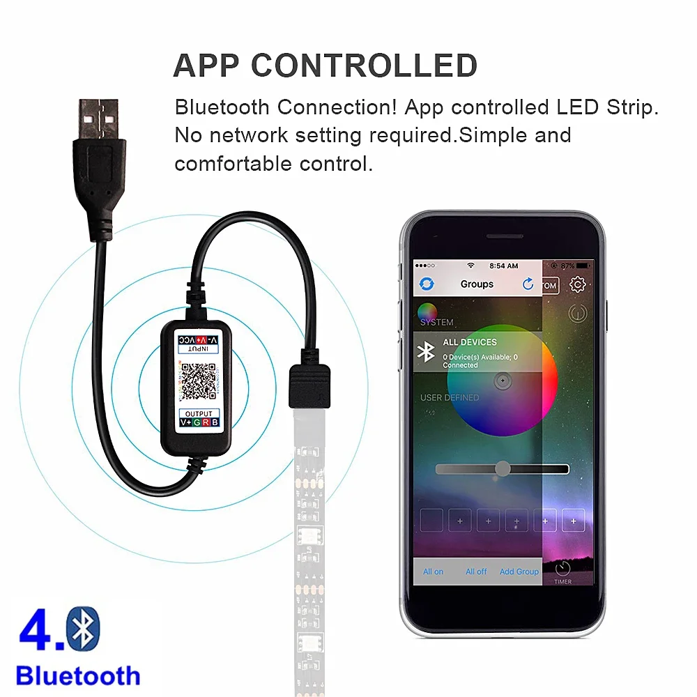 Controlador inteligente Bluetooth USB de 5V, tira de luz LED RGB de 4 pines 5050 2835, conector de 4 pines, cinta controladora de aplicación de