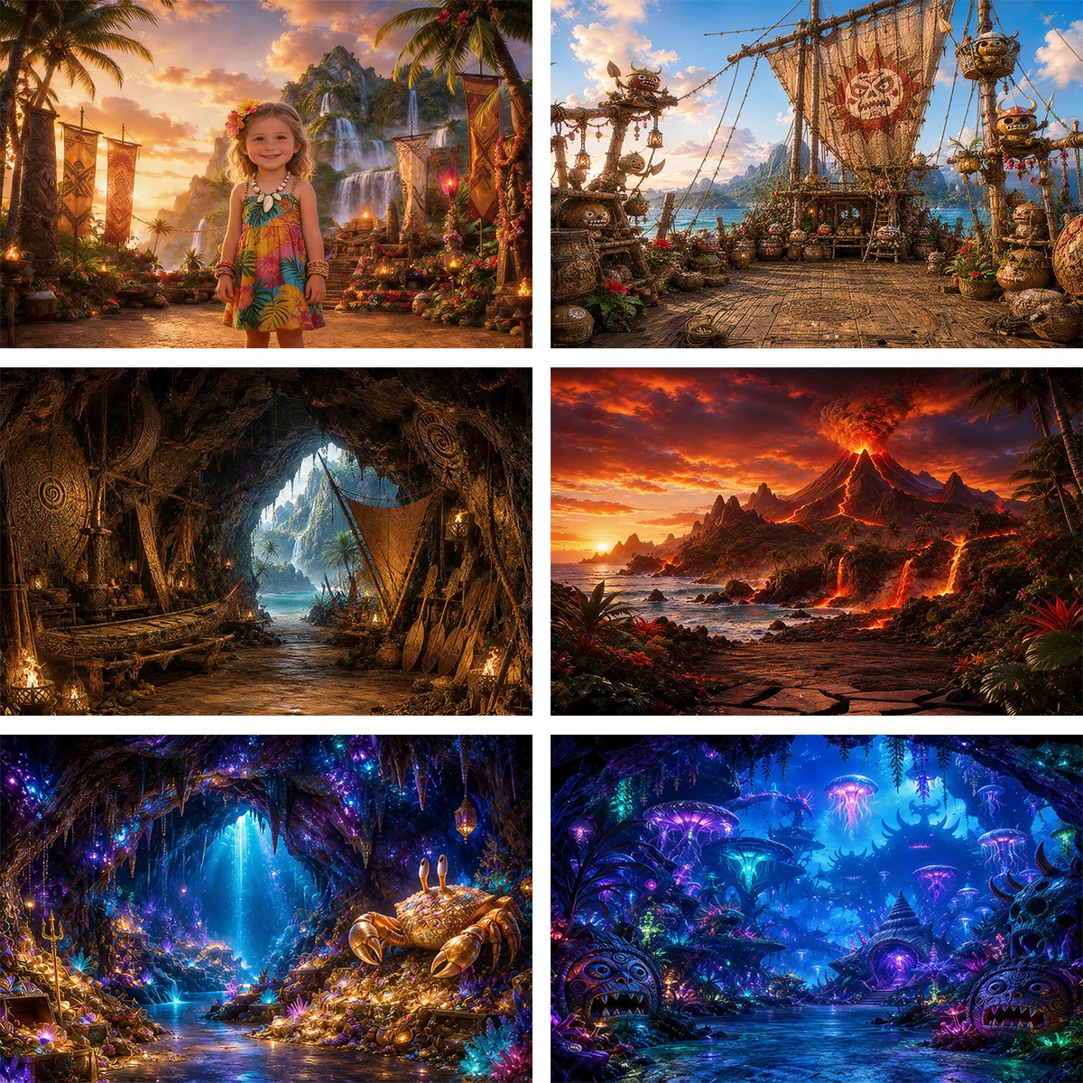 Tropical Polynesian Ocean Adventure Volcano Lava Treasure Island Kids Photography Backdrop Hawaiian Luau Party Decor