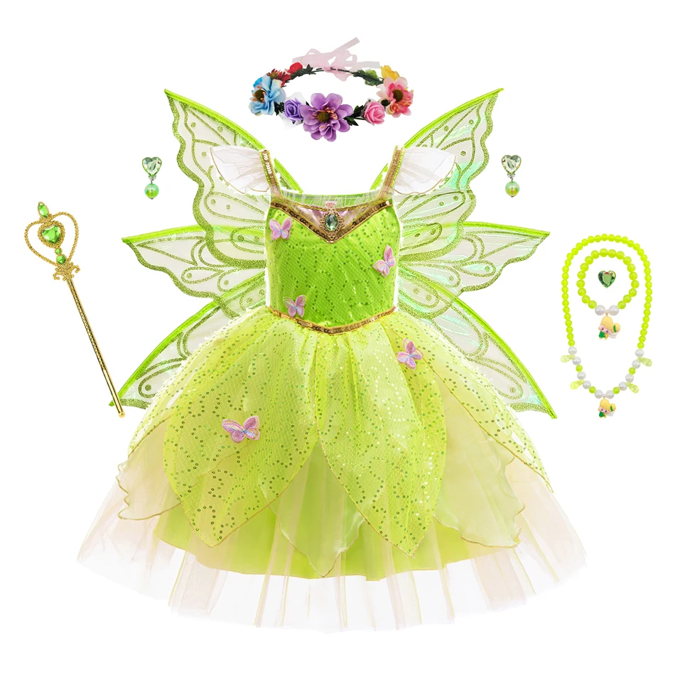 Girls Tinker Bell Fairy Costume with 3D Flower Details Wings Crown Wand Kids Cosplay Set for Halloween Party High Quality