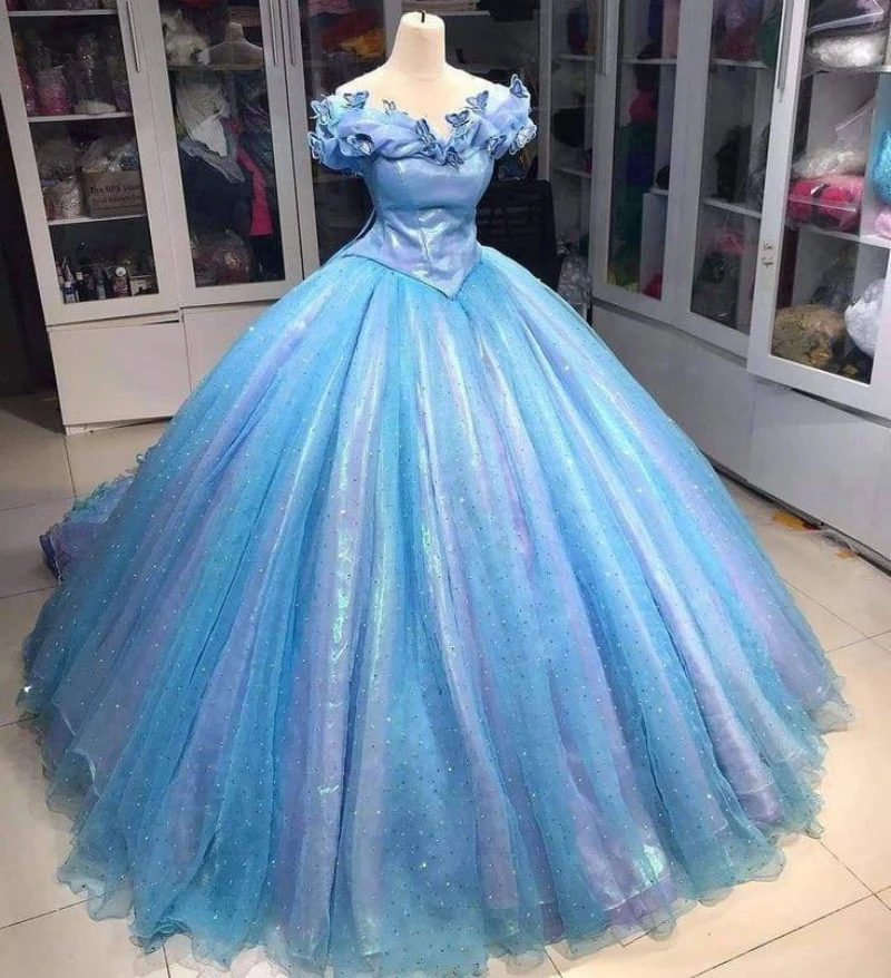 Custom New Shinny Blue Quinceanera Dress With Butterfly Organza Sweet 15 Masquerade Ball Gowns