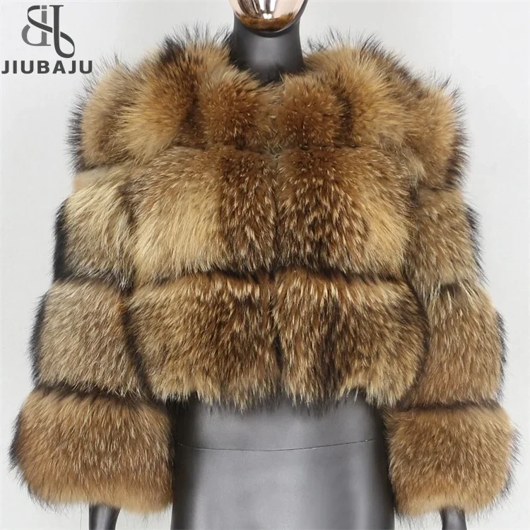 Natural Faux Racccon Fur Coat Women Winter Warm Luxury Fur Jacket Long Sleeves Female Furry Coats