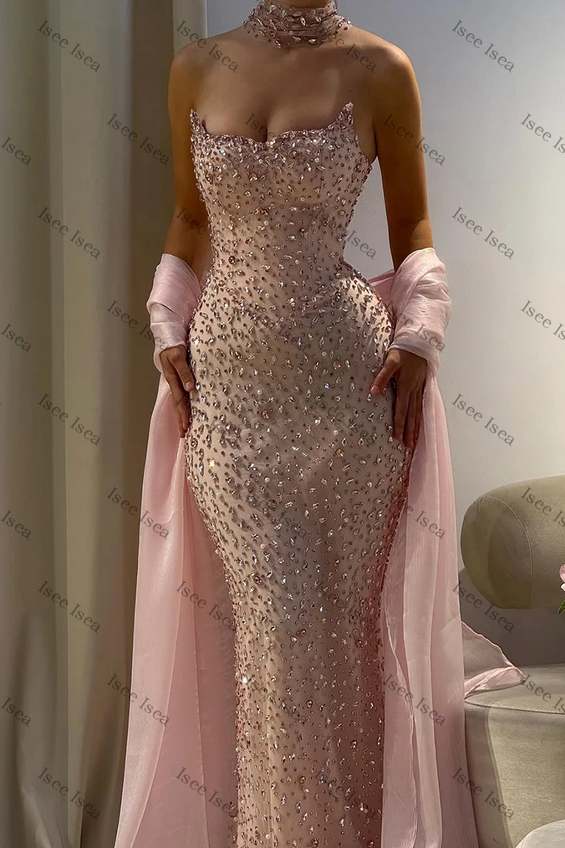 Squisiti abiti da sera rosa scintillanti cristalli Dubai sexy abito da ballo sirena innamorato scialle abito per party di matrimonio personalizzato