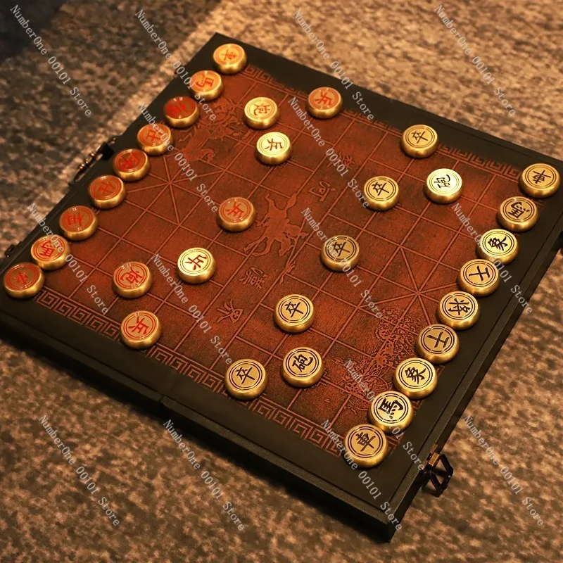 Business Gift Solid Brass Chinese Chess Set Full Copper Xiangqi Board Game Luxury Craft Ornament Collection Decorative Desktop