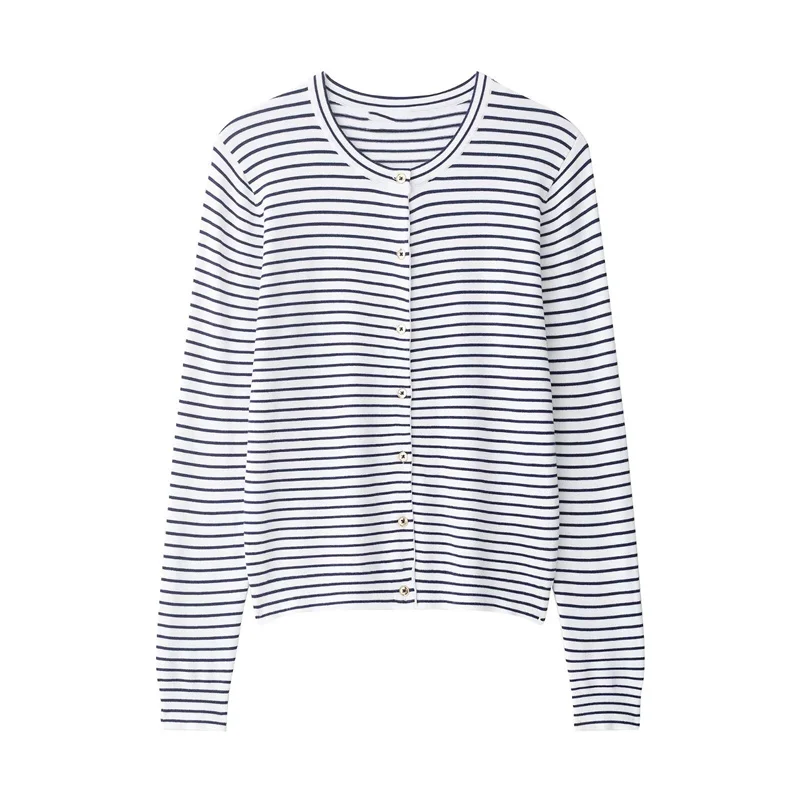 

Летний женский вязаный кардиган-жакет в полоску, топ, новинка 2026 года, модный укороченный свитер с длинными рукавами, женская одежда