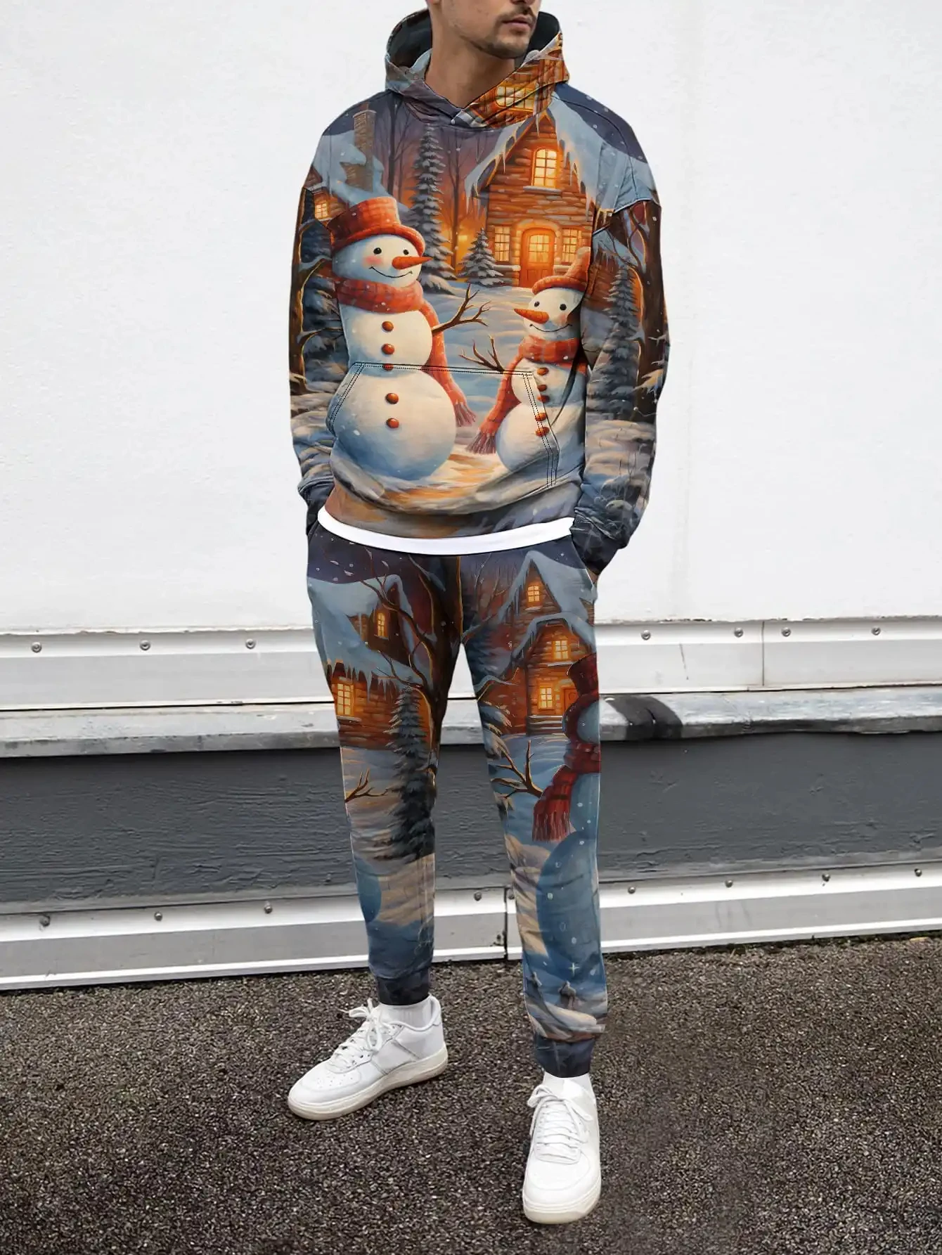 Conjuntos de moletons masculinos com estampa 3D de boneco de neve, moda criativa, design de manga comprida, tops e calças, outono inverno, conjunto de duas peças